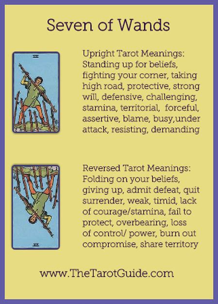 Seven Of Wands Tarot Flashcard Showing The Best Keyword Meanings For The Upright And Reversed Card