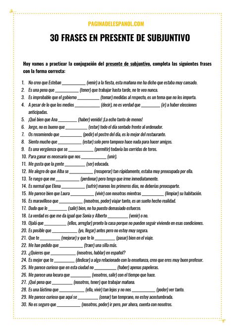 30 frases para practicar el presente de subjuntivo la página del español ejercicios de