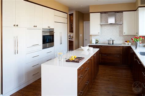 Transitional White And Walnut Kitchen Rutt Quality Cabinetry