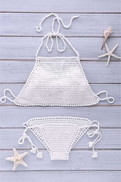 Crochet Halter Solid Color Bikini Set WHITE Bikini De Ganchillo