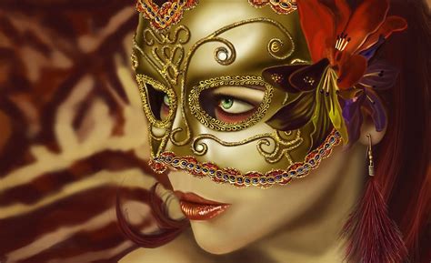 Artwork Women Venetian Masks Green Eyes Face Flower In Hair