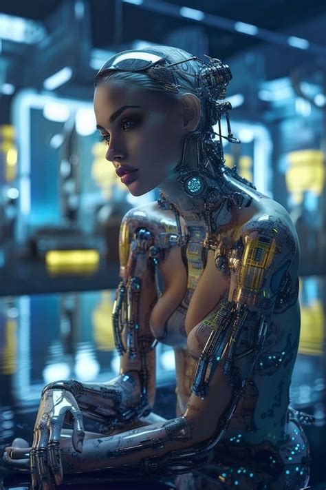 A Futuristic Woman Sitting In Front Of A Mirror