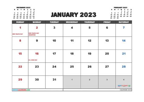 Free January 2023 Calendar With Holidays Printable Pdf And Image In
