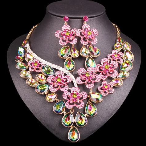 Gorgeous Rhinestone Crystal Fancy Flower Jewelry Set For Wedding Bridal Party Costume Necklace