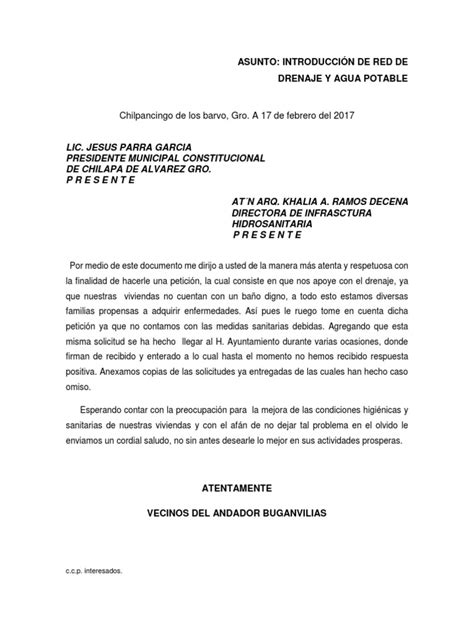 Carta Solicitud De Drenaje Solicitud De Conexion De Toma De Agua Y