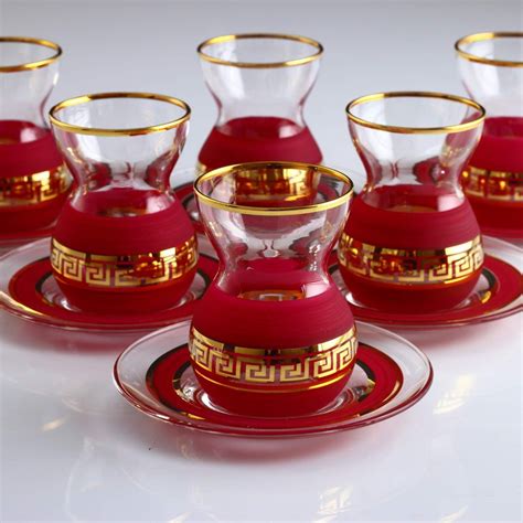 Pasabahce Pcs Red Color Turkish Tea Set Traditional Turk