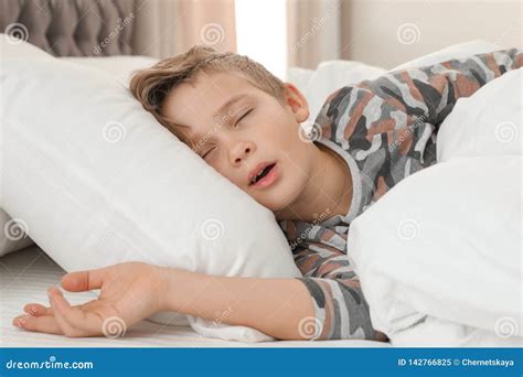 Cute Tired Boy Sleeping In Bed Stock Image Image Of Background Home