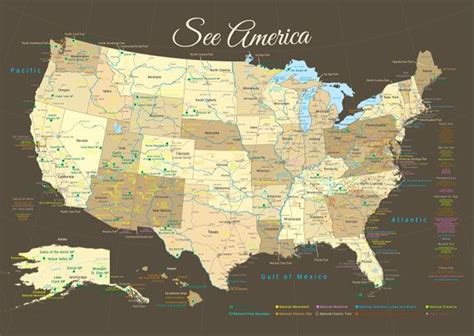 National Park Map Explore America Map Poster Or Framed Push Etsy Us