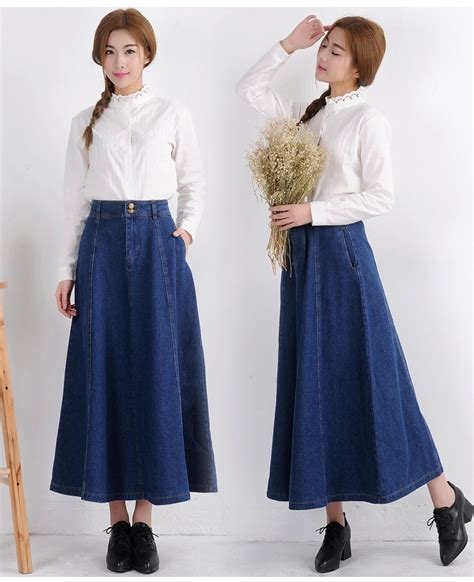 Fashion High Waist Loose Long Denim Skirts Female Slim Hip Jeans Skirt Casual Deep Blue Womens