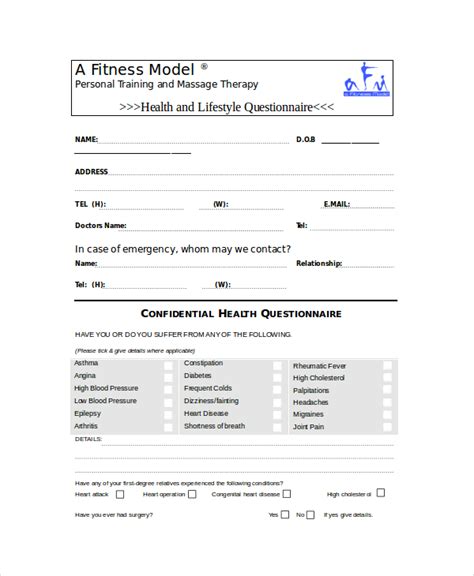 printable   health questionnaire template word