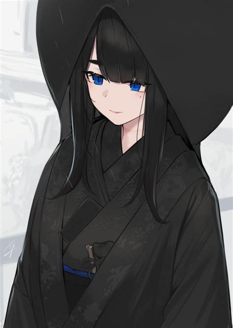 Safebooru 1girl Bangs Black Kimono Blue Eyes Blunt Bangs Closed Mouth Commentary Request