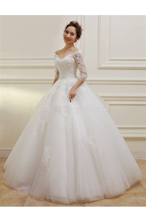 34 Length Sleeves V Neck Lace Wedding Dresses Bridal Gowns 3030108