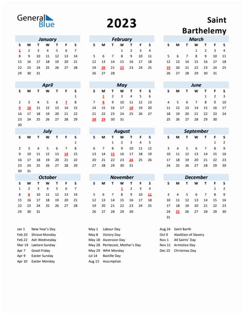 2023 Saint Barthelemy Calendar With Holidays