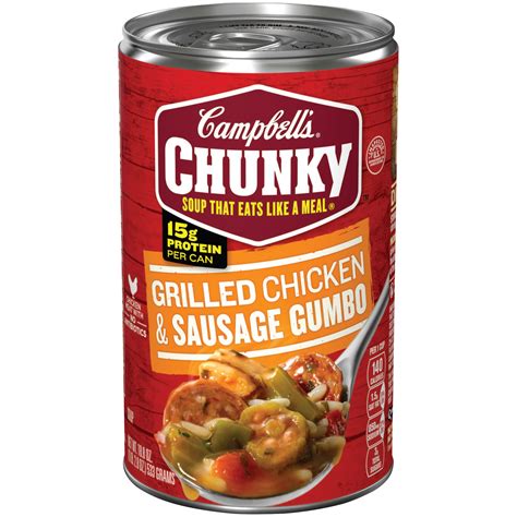 Use up leftover chicken in this rustic soup with garlic yogurt. Campbell's Chunky Soup, Grilled Chicken & Sausage Gumbo, 18.8 oz (1 lb 2.8 oz) 533 g