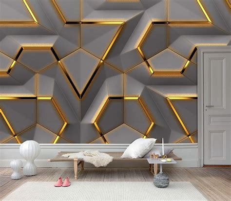 3d Gold Geometric Shapes Wallpaper Grey