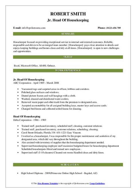 Your perfect cv example and free writing guide combos. Head Of Housekeeping Resume Samples | QwikResume