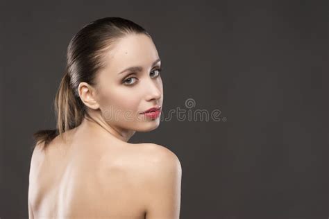Beautiful Girl Naked Shoulders Portrait Gray Background Stock