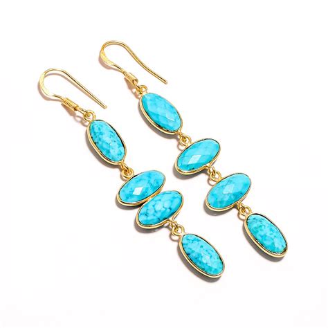 Turquoise Gemstone K Gold Plated Dangle Drop Earrings As