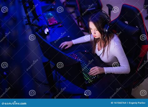 Streamer Beautiful Girl Professional Gamer Smile Playing Online Games Computer With Headphones