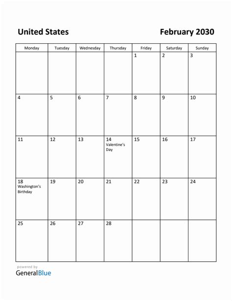 Free Printable February 2030 Calendar For United States