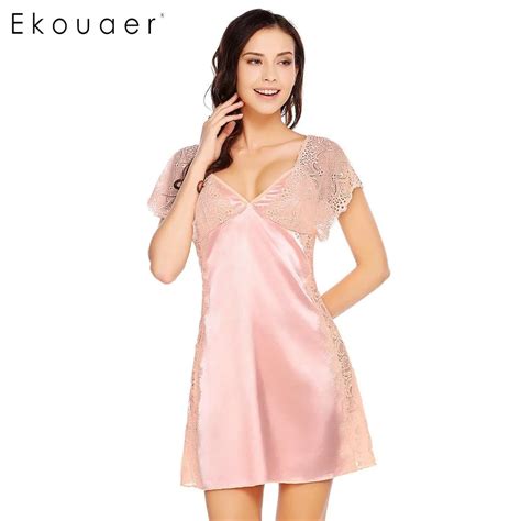 Ekouaer Elegant Lace Nightgown Women Sexy Patchwork Spaghetti Strap Nightwear Summer Loose V
