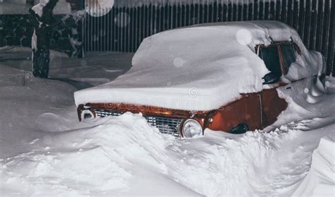 Snow Storm In The Night City Huge Drifts And Stuck Cars Stock Image