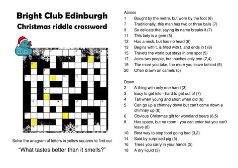 We hope that the following list of synonyms for the word riddle will help you to finish your crossword today. Bright Club Edinburgh Christmas riddle crossword.pdf ...
