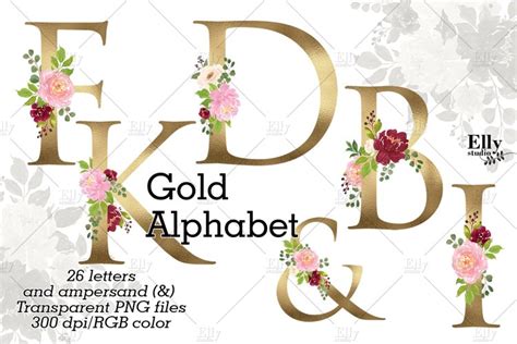 Gold Floral Alphabet Clip Art 85478 Illustrations Design Bundles