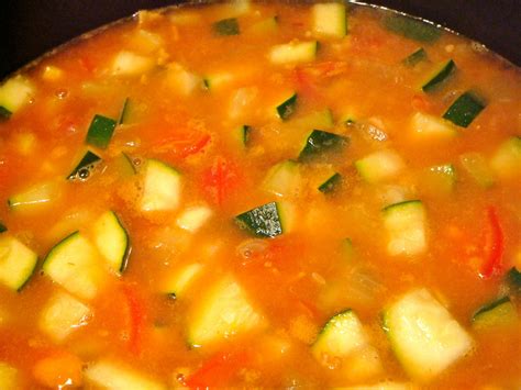 It's really pretty to use half zucchini and half red bell pepper. Delicious Dishings: Bacon, Zucchini, Tomato Soup