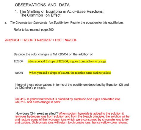 Solved Observations And Data The Shifting Of Equilibria Chegg Com