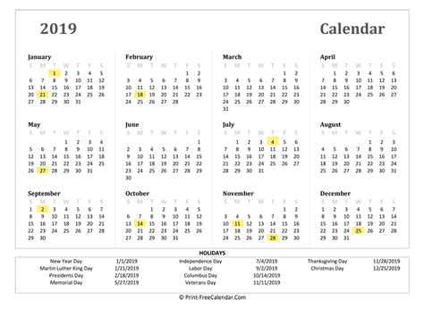 2019 Yearly Calendar With Holidays Landscape Layout