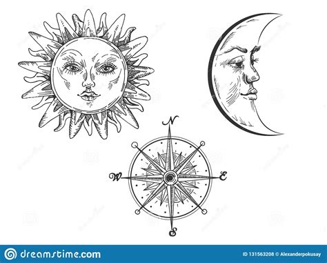 When the sun's rays are nearly parallel to the plane, the shadow moves very quickly and the hour lines are spaced far apart. Sun And Moon With Face Engraving Style Vector Stock Vector ...