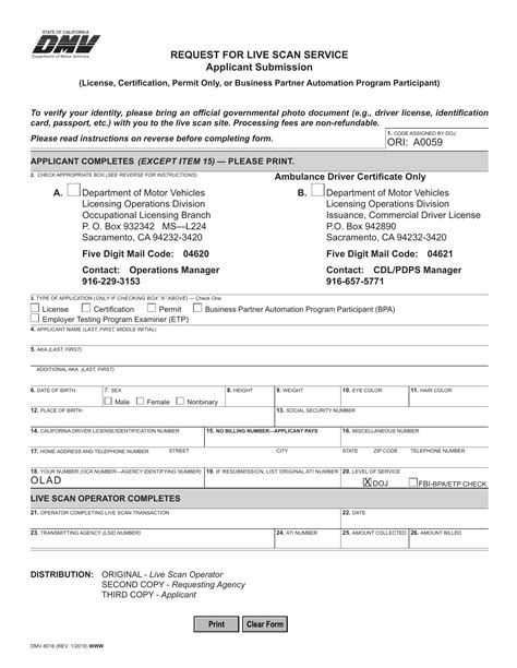 CA DMV Form DMV 8016. Request for Live Scan Service (Applicant