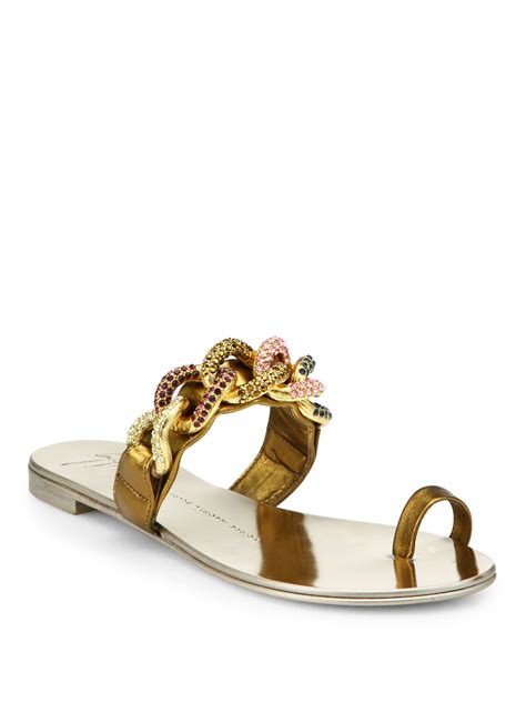 Lyst Giuseppe Zanotti Jeweled Chain Leather Toe Ring Sandals In Metallic