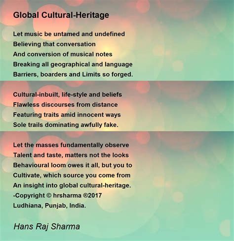 Global Cultural Heritage Global Cultural Heritage Poem By Hans Raj Sharma