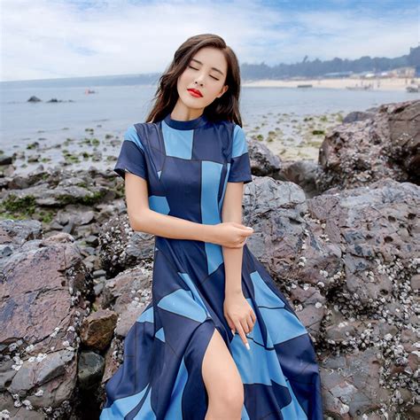 Hanzangl New Spring Summer Women High Waist Stitching Split Long Maxi Dress Blue Casual Beach