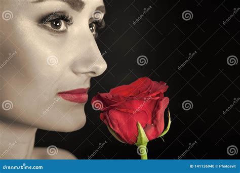 Woman With Red Lips Makeup Hold Rose Beauty With Flower Sensual