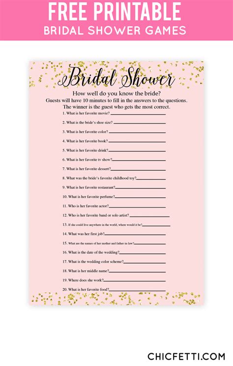 Blush And Confetti How Well Do You Know The Bride Printable Game Chicfetti Printable Bridal