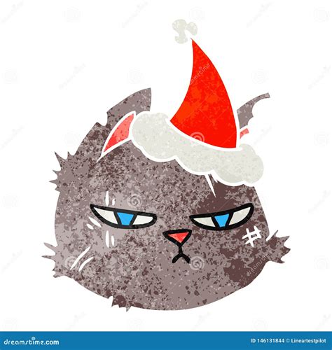 Hand Drawn Retro Cartoon Of A Tough Cat Face Wearing Santa Hat Stock