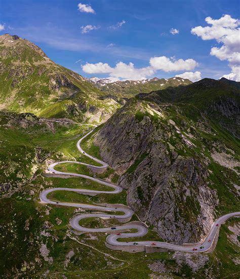 Aerial View Of An Old Road Going Through The St Gotthard Pass In The