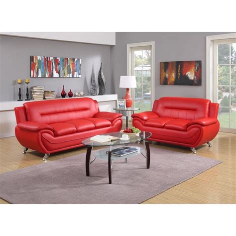 Contemporary 2 Piece Bonded Leather Sofa And Loveseat Set Red Sofa