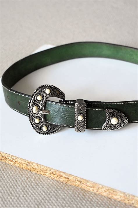 Vintage 90s Tooled Green Leather Waist Belt Western Etsy Boho