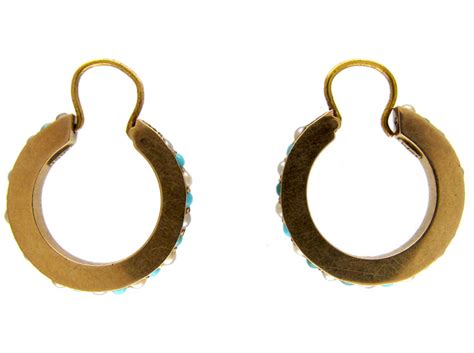 Turquoise Pearl Gold Hoop Earrings J347L The Antique Jewellery