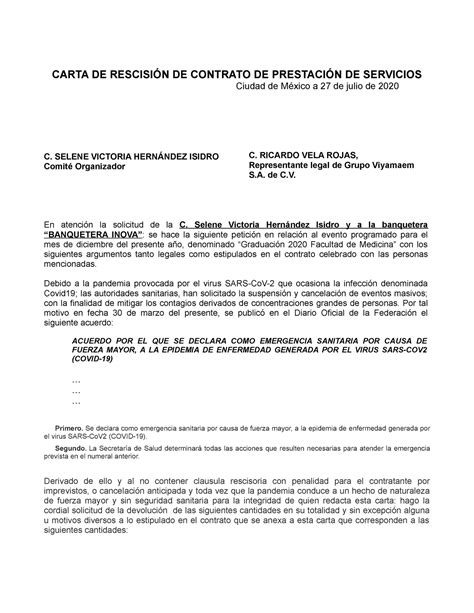 Carta Generica De Cancelación Ana Carta De RescisiÓn De Contrato De