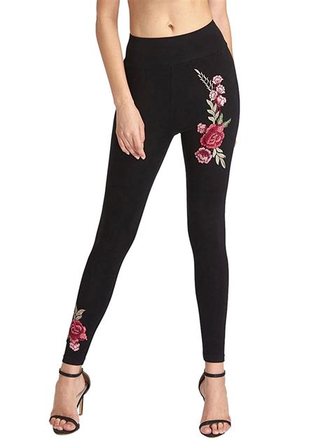 Women S Rose Embroidered Flower Skinny Long Leggings High Waist Pant