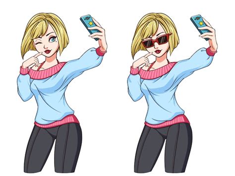 sexy cartoon girl takes a selfie blondie girl in blue shirt leggings and red sunglasses hand
