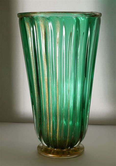 Large Pair Of Green And Gold Murano Glass Vases At 1stdibs