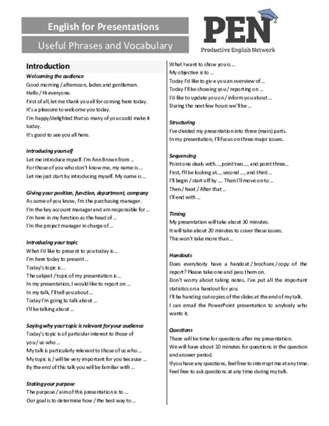 Pdf Useful Phrases And Vocabulary English For Presentations Nguyễn