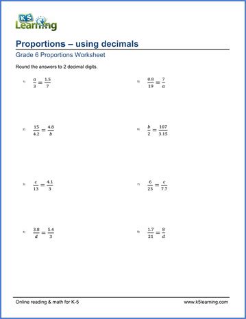 Number of matchsticks required to make a pattern of t: Grade 6 Proportions Worksheets - free & printable | K5 Learning