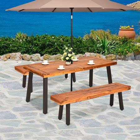 Outdoor cocktail table with umbrella hole. Costway Acacia Wood Outdoor Dining Table Patio Rectangle ...